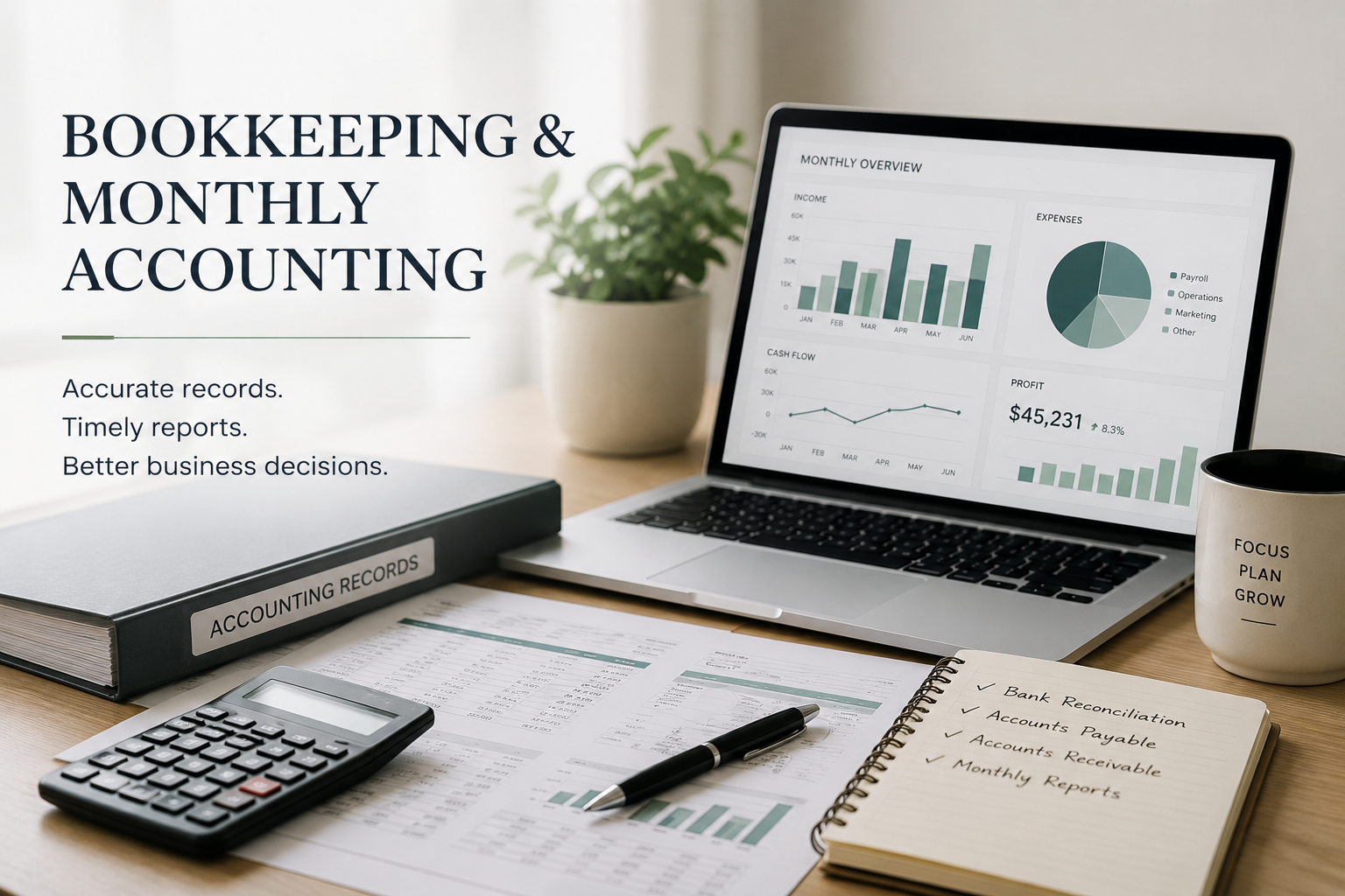 Desk with accounting materials, a laptop displaying financial charts, a calculator, a notebook with checklists, a binder labeled "Accounting Records," and a mug with the words "Focus, Plan, Grow."