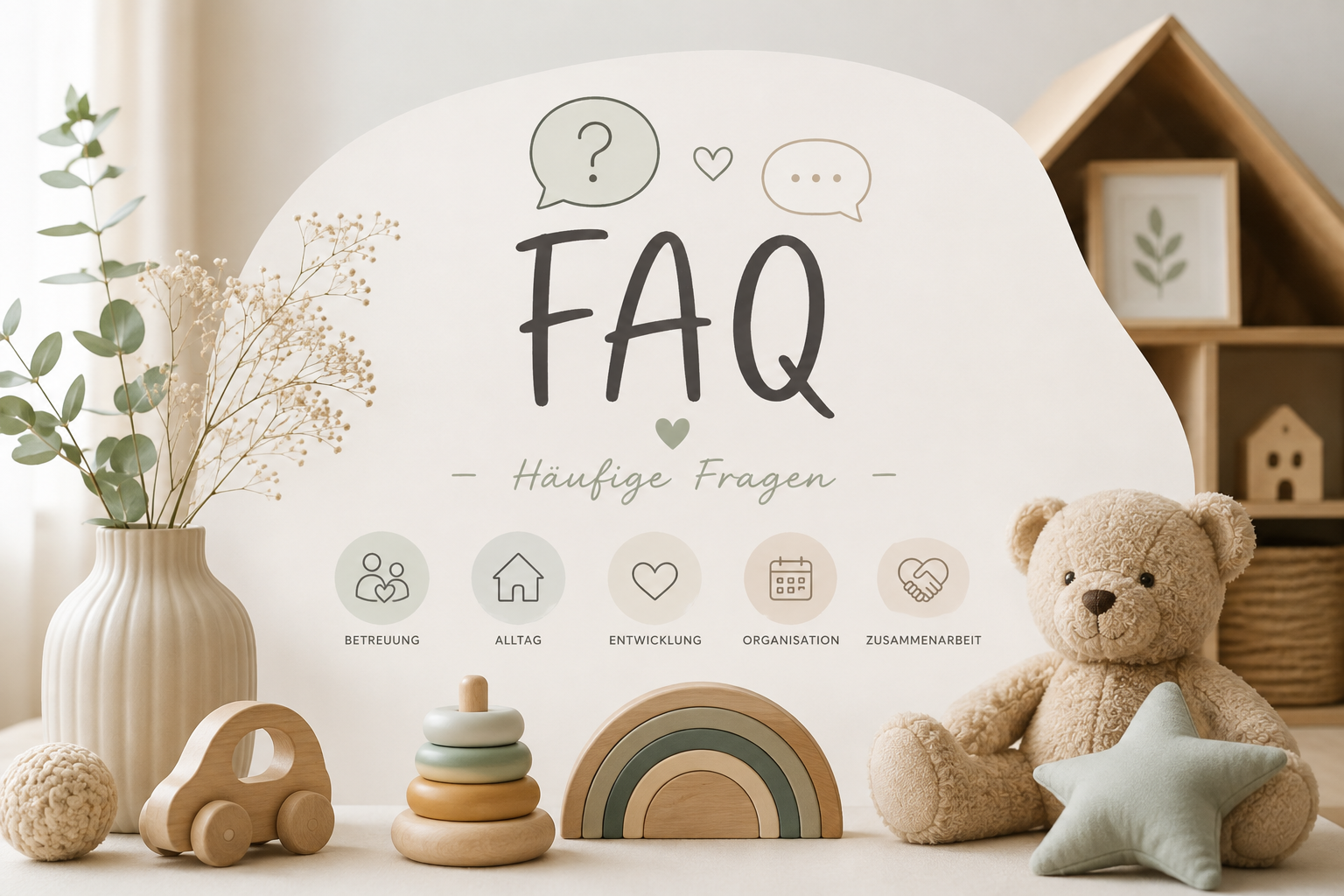 Ein dekoratives Setting mit einem weißen FAQ-Schild, einer Vase mit grünen Zweigen, bunten Holzspielzeug-Objekten, einem Teddybären und einem Sternkissen, in einem neutral eingerichteten Raum.