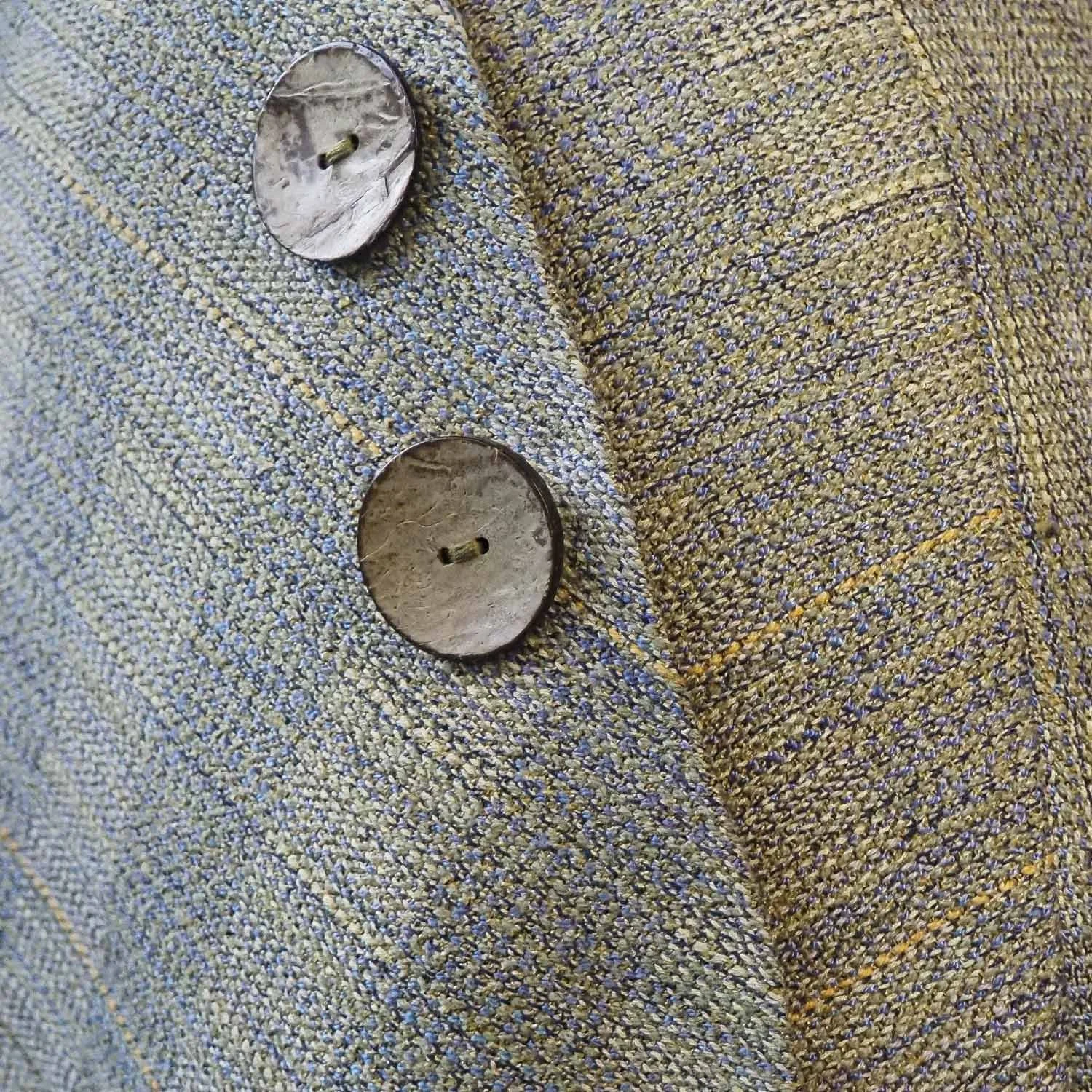 WRAP MINI SKIRT ~ Detail of Closure and Handwoven Gray and Gold Striped Fabric