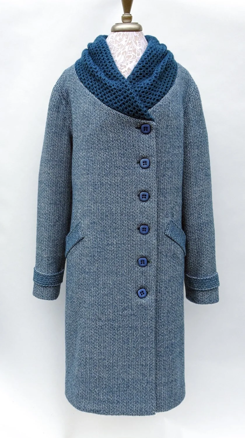 TEAL LONG COAT ~ Blue Twill and Blue Waffle Weave Collar