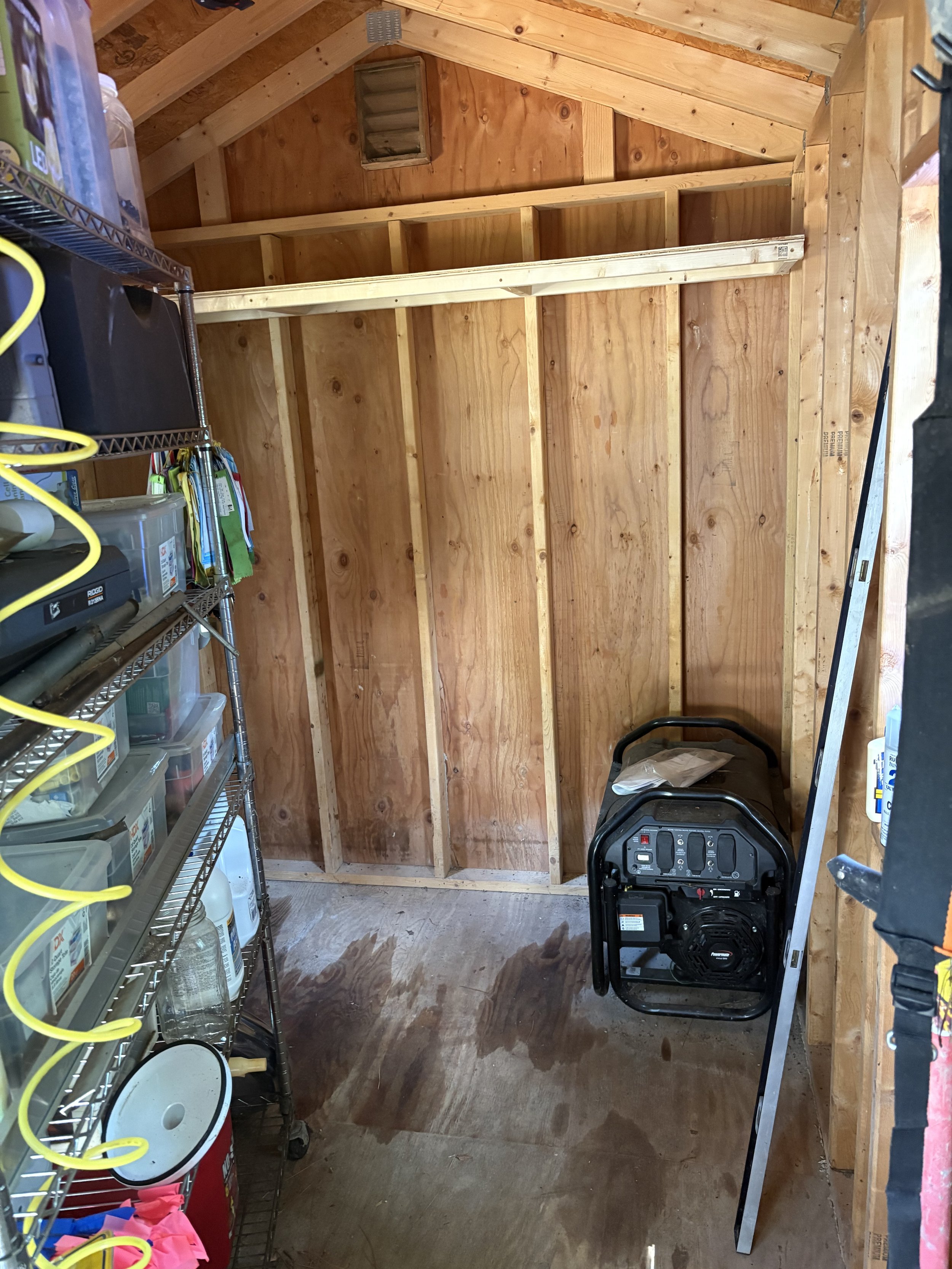 Empty garage with unfinished wood framing, metal shelving on the left filled with various containers, a portable generator on the right, and a ladder leaning against the wall.