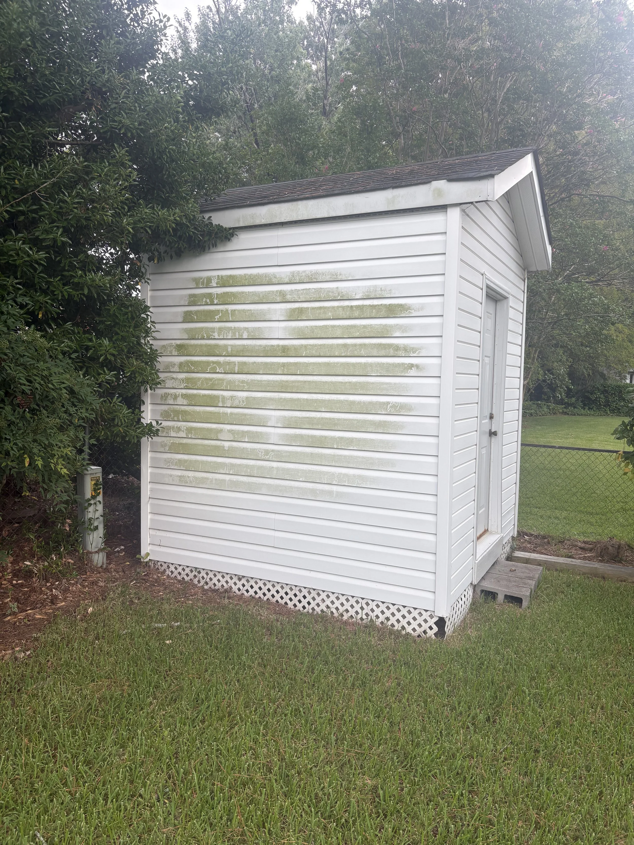 A small white shed with a shingled roof, located on a grassy lawn, partially obscured by trees and bushes, with moss or dirt marks on the side of the shed.