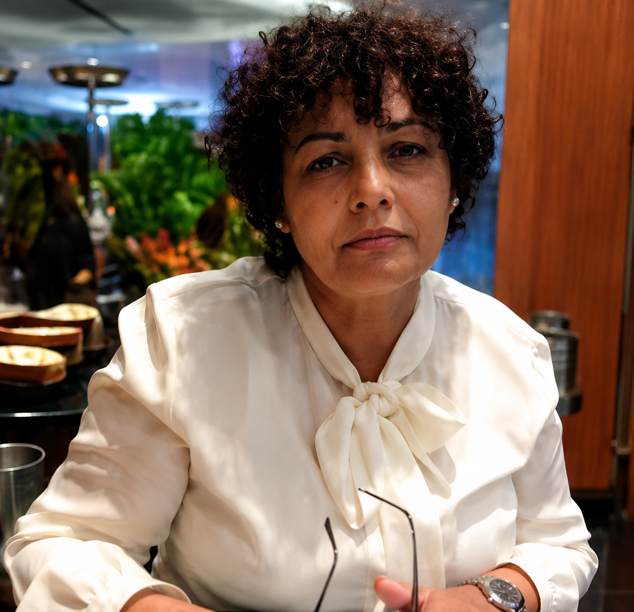 A woman with short curly hair wearing a cream-colored blouse with a bow at the neck, holding glasses, sitting in a cafe with a blurred background of plants and people.