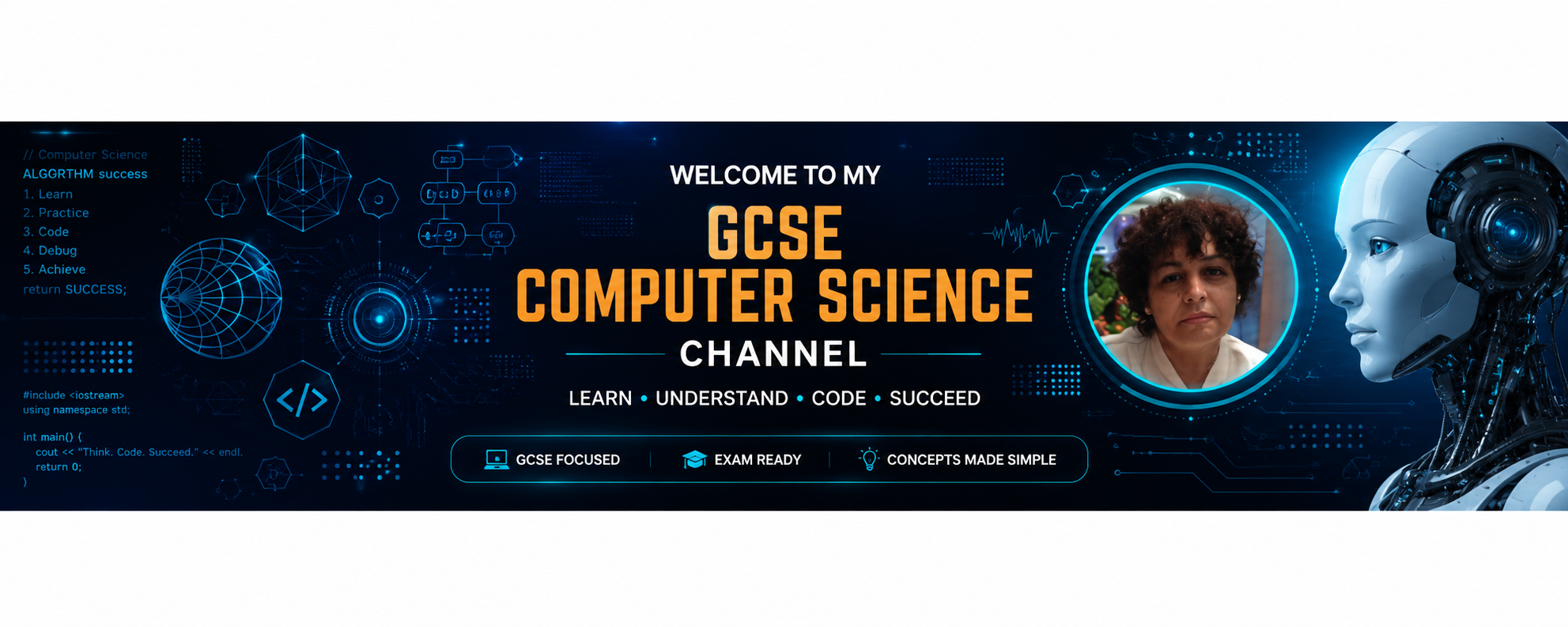 Banner for GCSE computer science channel featuring futuristic graphics, a young woman, and a robot