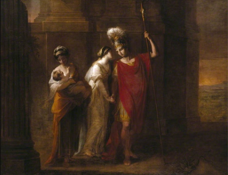 Painting of a woman in white and a woman in cream helping a man dressed as an ancient soldier or hero, holding a spear, in a dark setting.