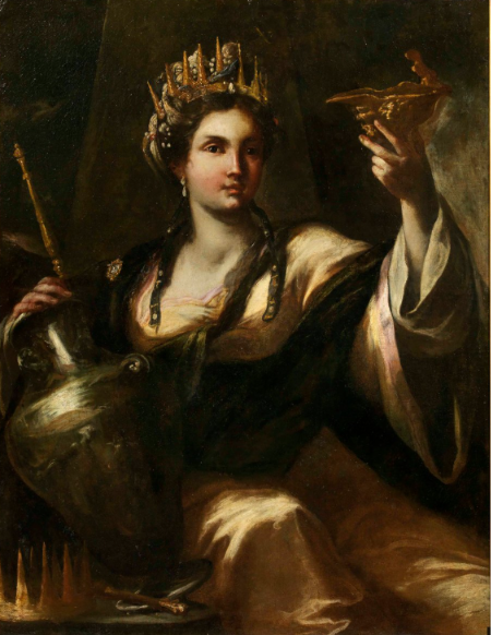 Painting of a woman wearing a crown, holding a goblet in her right hand and a scepter in her left, with long dark hair and elegant gown.