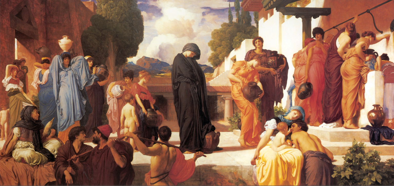 A classical painting depicting a scene in ancient Greece or Rome. A central woman dressed in black stands on steps, surrounded by other women holding jars, and men engaging in conversation or offering items. The background features trees, mountains, and a partly cloudy sky.