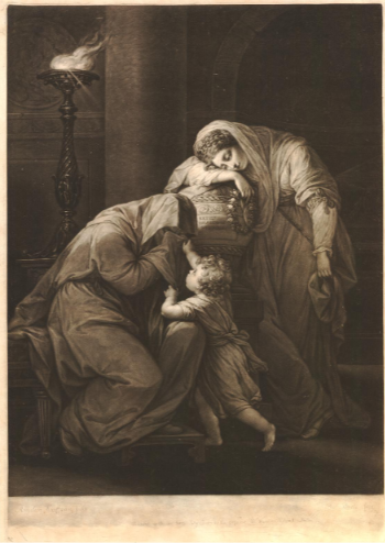A black-and-white painting of a woman and child, with a woman in a headscarf leaning over. A man appears to be comforting the child, who is holding a small object, in a dimly lit room with a candle on a stand.