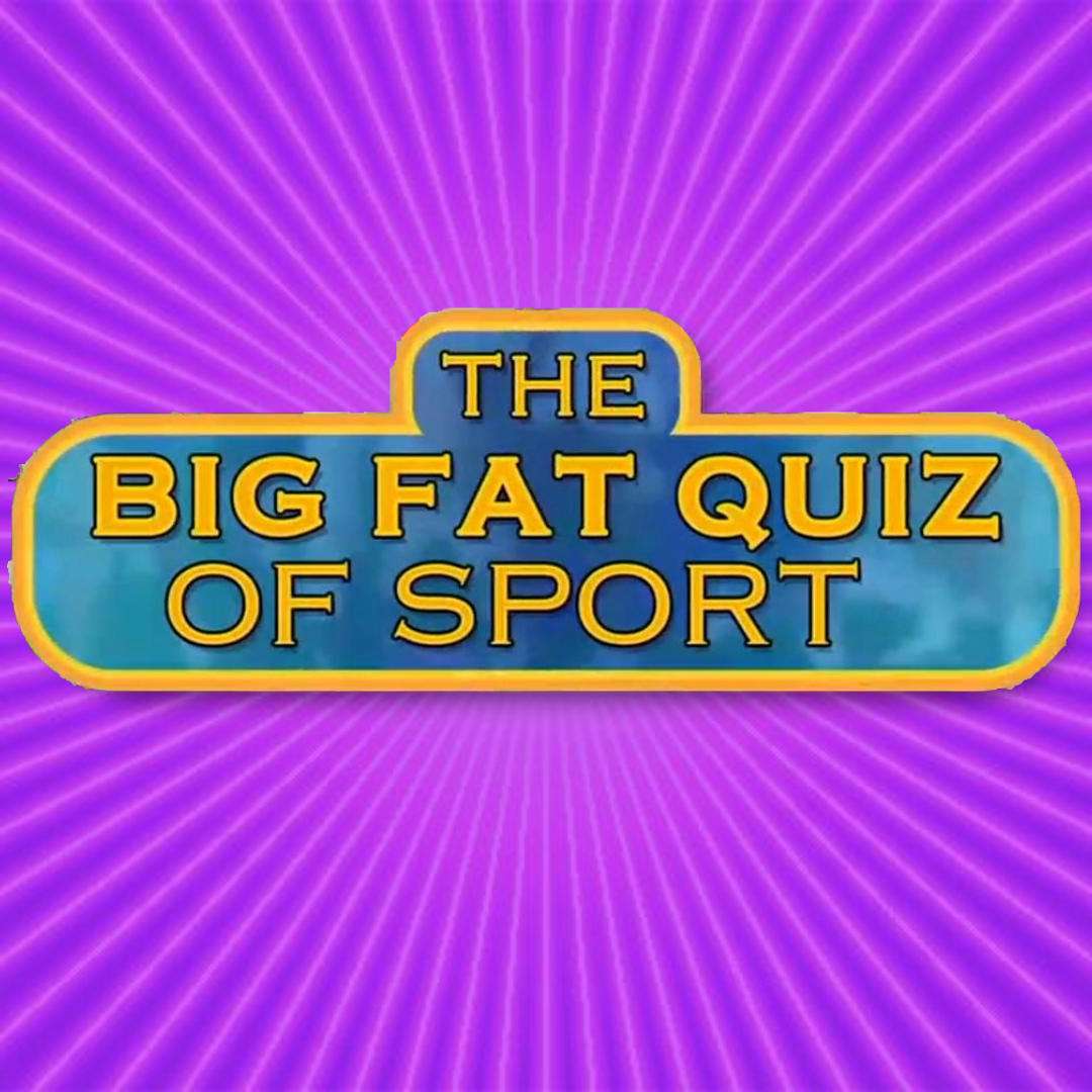 Title card for a sports quiz called "The Big Fat Quiz of Sport" with a purple radiating background and yellow-bordered blue text box.