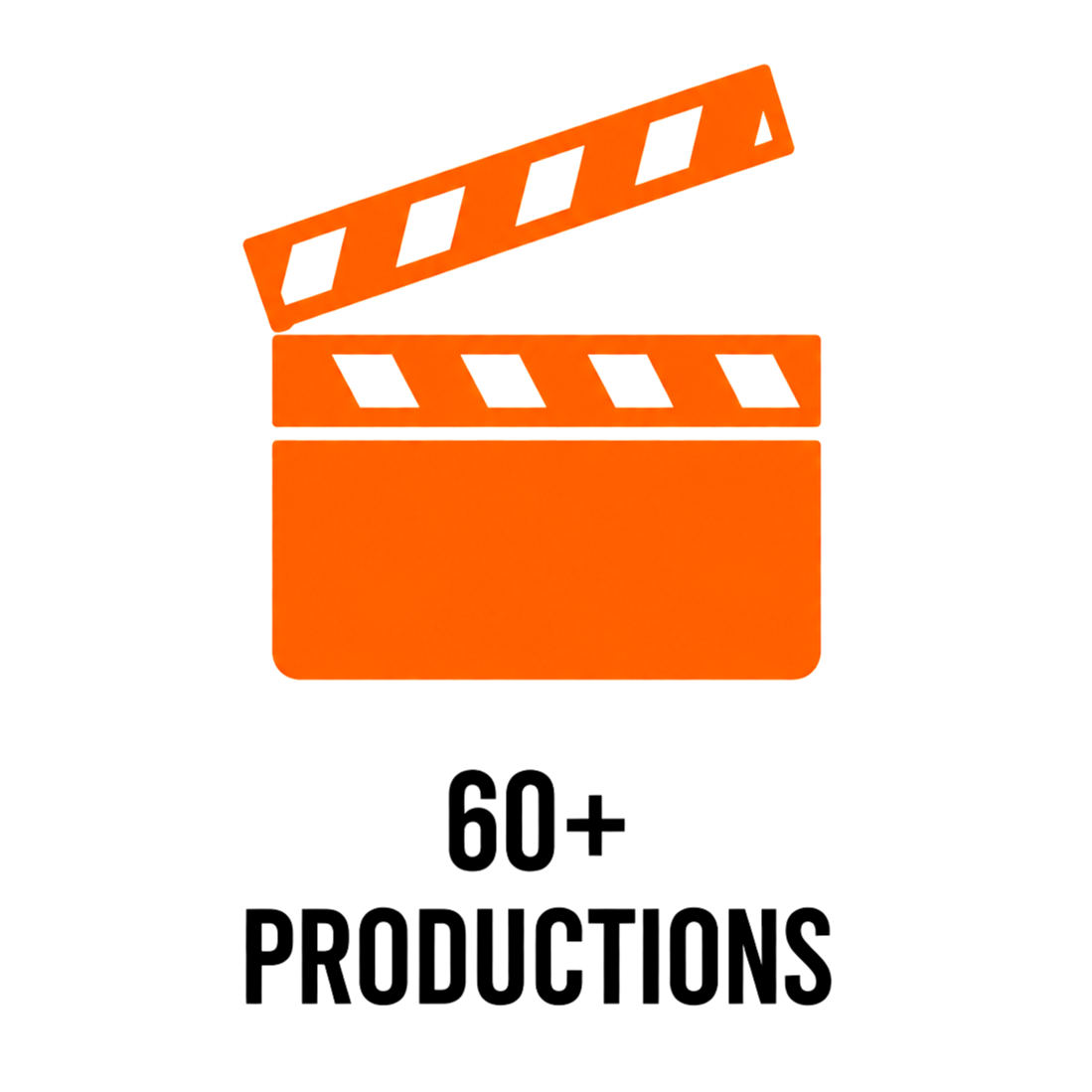Orange film clapperboard icon with the text '60+ Productions' underneath.