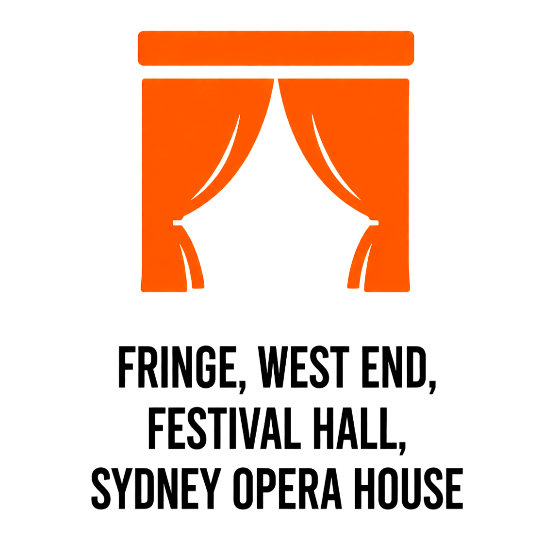 Icon of a stage with orange curtains and a proscenium in the background, with event location text below listing Fringe, West End, Festival Hall, and Sydney Opera House.