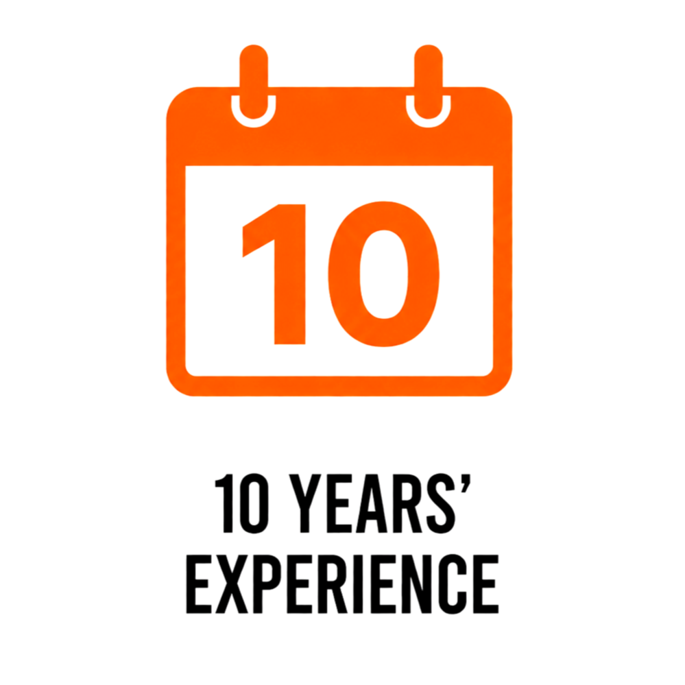 An orange calendar icon with the number 10 prominently displayed, accompanied by the text '10 YEARS' EXPERIENCE' below it.
