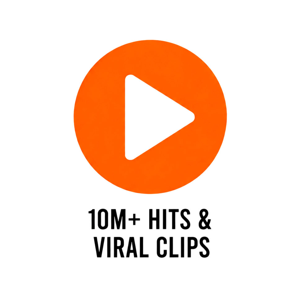 Icon of a white play button inside an orange circle with the text '10M+ HITS & VIRAL CLIPS' below.