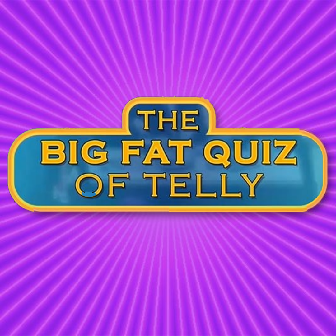 Colorful quiz show title card with the text "The Big Fat Quiz of Telly" on a purple radiant background.