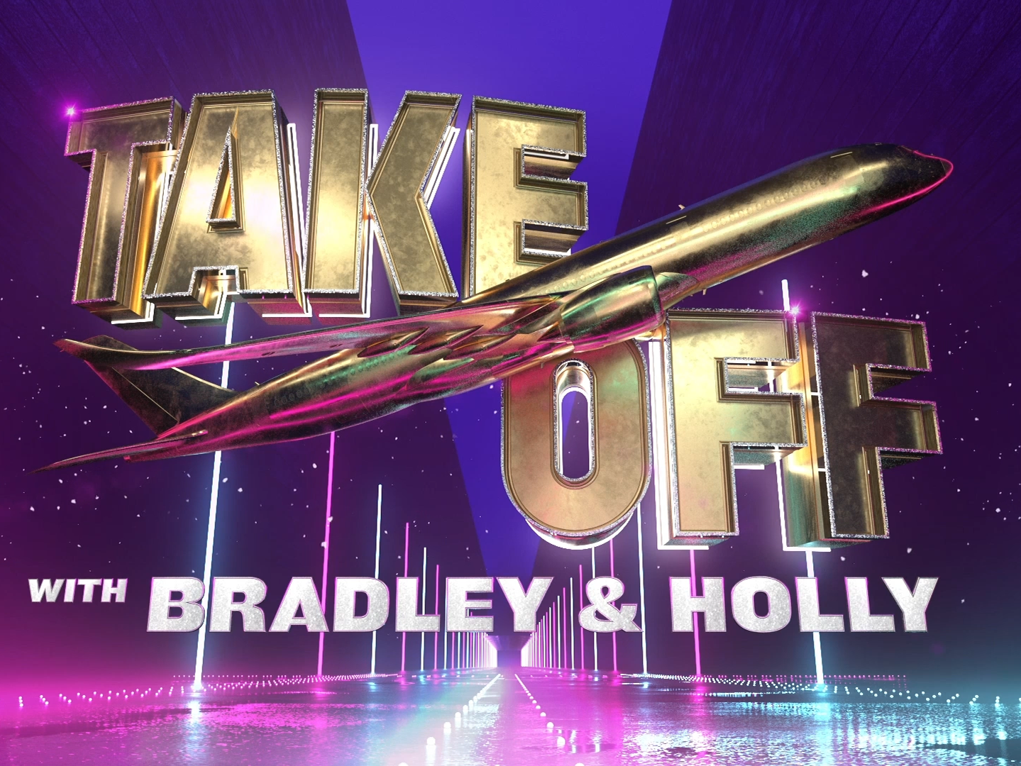 A neon-lit scene with the words 'Take Off' in large metallic letters, a stylized rocket, and the text 'with Bradley & Holly' in purple and white at the bottom, set against a starry night background with a futuristic cityscape.