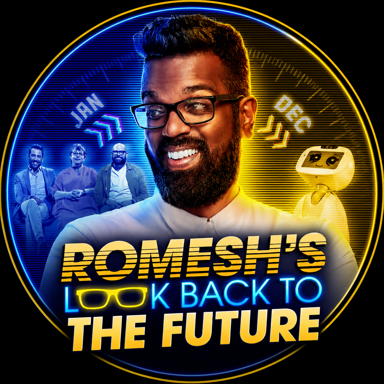 Colorful neon-style digital illustration of a man with glasses and a beard smiling in the foreground. Behind him, a holographic display shows the months January to December and a small robot with a digital face. On the left, three people sit on a ben