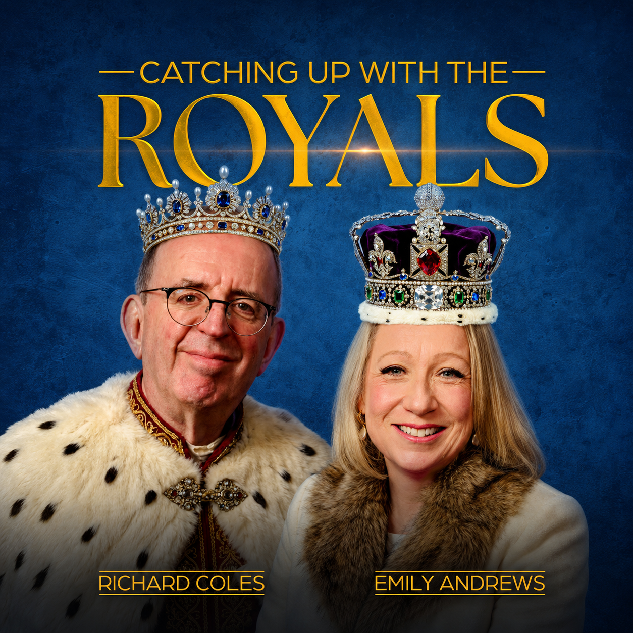 Cover image for 'Catching Up with the Royals' featuring Richard Coles and Emily Andrews, both wearing crowns and royal attire, against a blue background.