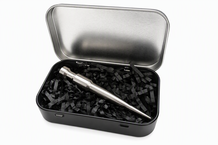 A stainless steel object resembling a metal tool or utensil in a black gift box with shredded black paper filling.