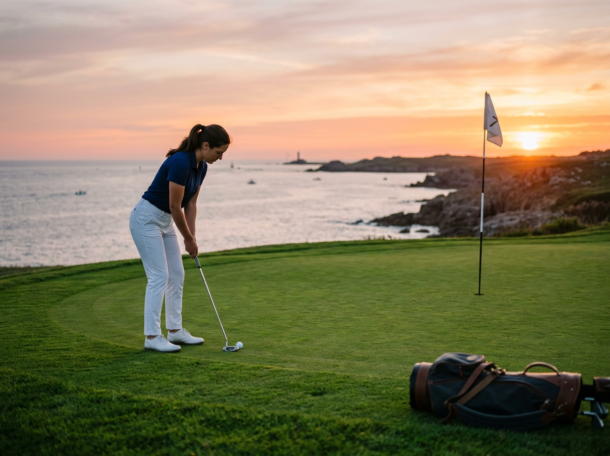 A woman playing golf on a course overlooking the ocean at sunset, preparing to putt with a golf club, near a golf bag.