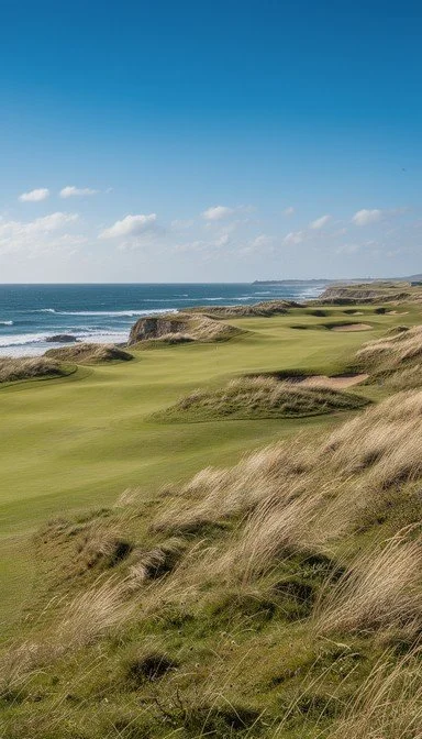 Golf course on a grassy cliffside overlooking the ocean with a blue sky and scattered clouds.