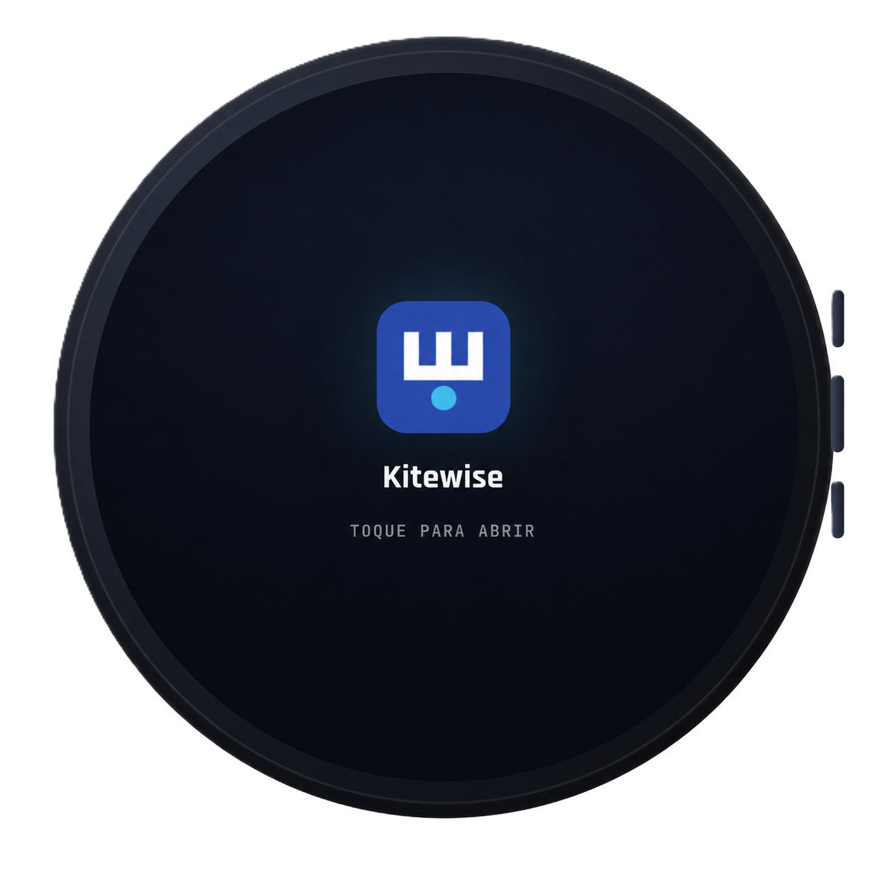 Tela de smartwatch exibindo o aplicativo Kitewise com o logo azul e branco e a mensagem 'Toque para abrir'.