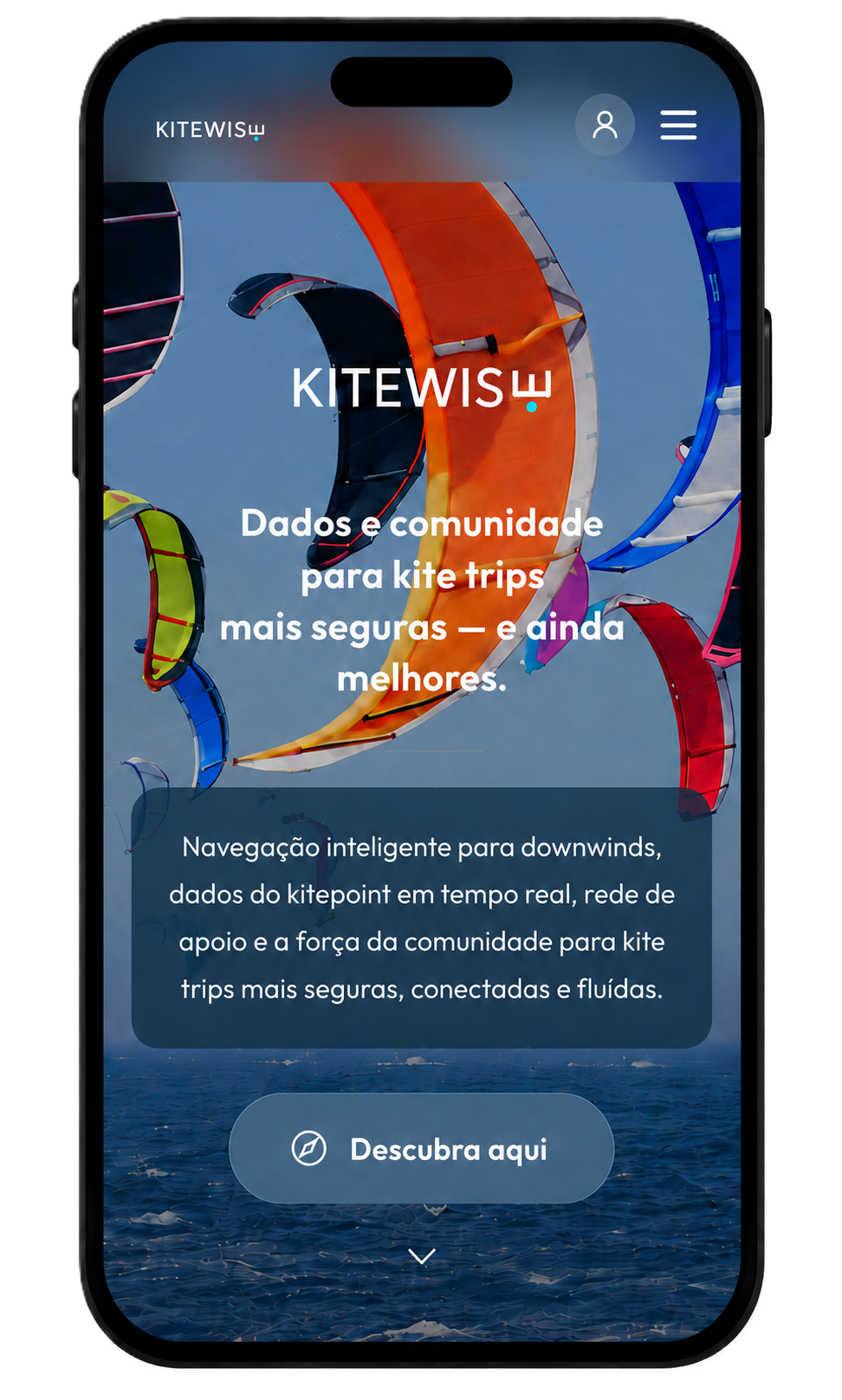Tela de um aplicativo de kite surfing com o fundo mostrando várias pipas coloridas no céu sobre o mar