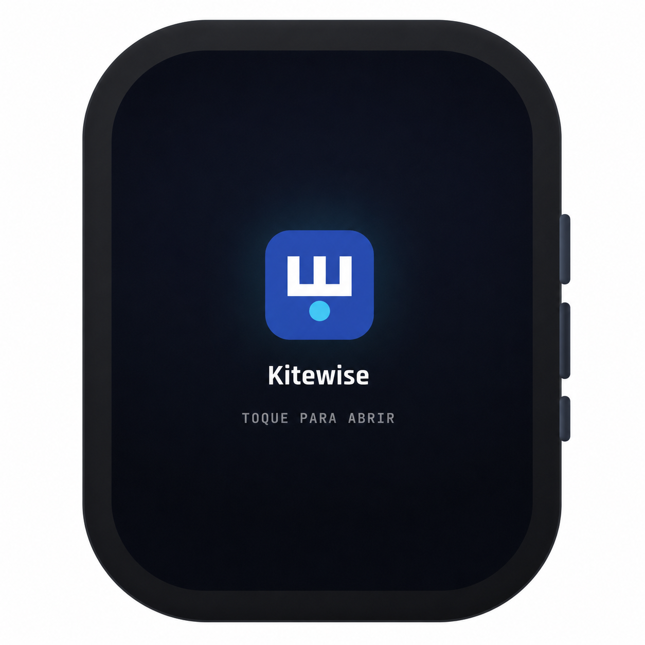 Tela de smartwatch exibindo o aplicativo Kitewise com o ícone azul e a mensagem 'Toque para abrir'.