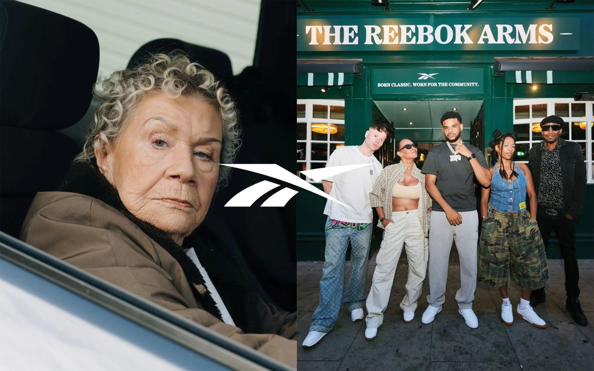 Elderly woman with curly gray hair sitting inside a car looking out of the window, and a group of five diverse young adults standing in front of a green storefront with the sign "The Reebok Arms".