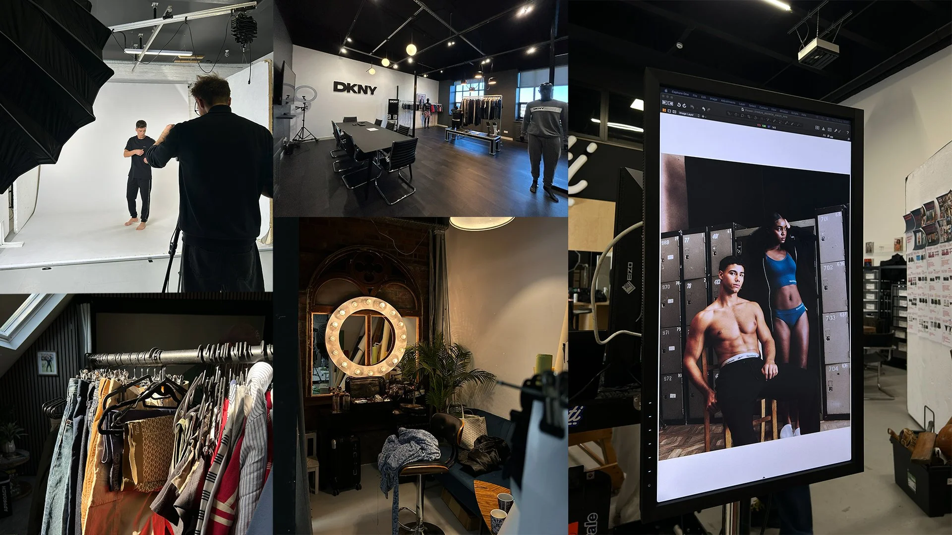 A collage of five different scenes: a photoshoot with a model and photographer in front of a white backdrop, an interior of a retail store with DKNY branding, a close-up of a filming or photography setup with a monitor displaying a photoshoot of a male and female model, a closet with hanging clothes and accessories, and a decorated dressing room or studio with a mirror, plants, and personal items.