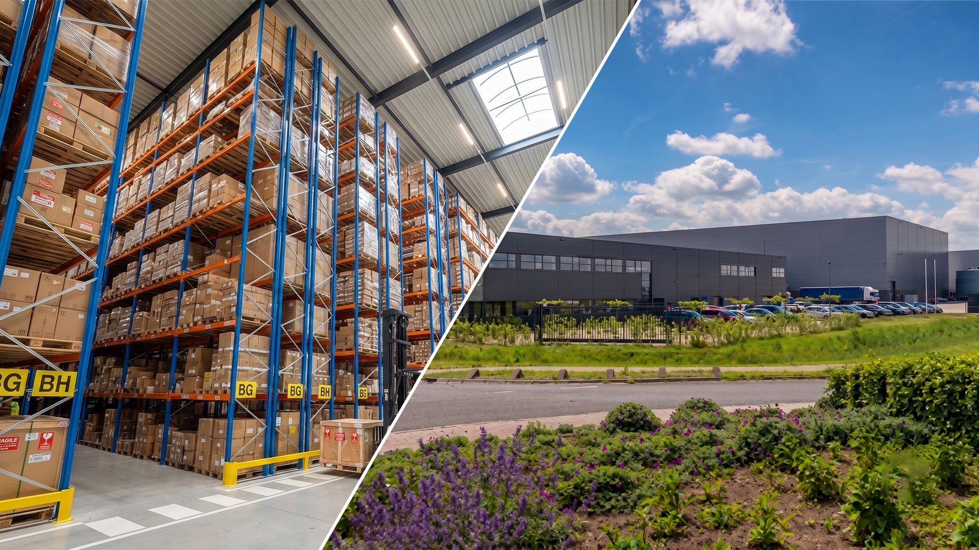 A split image showing the interior of a warehouse on the left with shelves filled with boxes and a large warehouse building with a parking lot and greenery outside on the right.