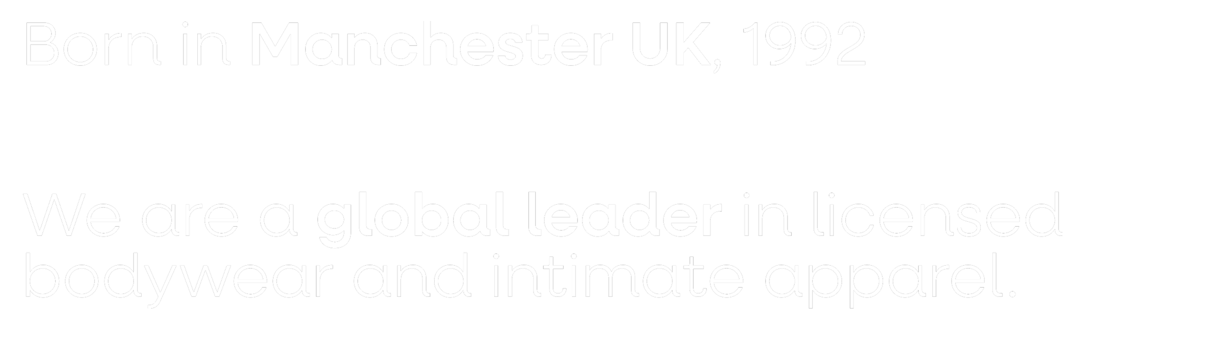 Text that states: Born in Manchester UK, 1992. We are a global leader in licensed bodywear and intimate apparel.
