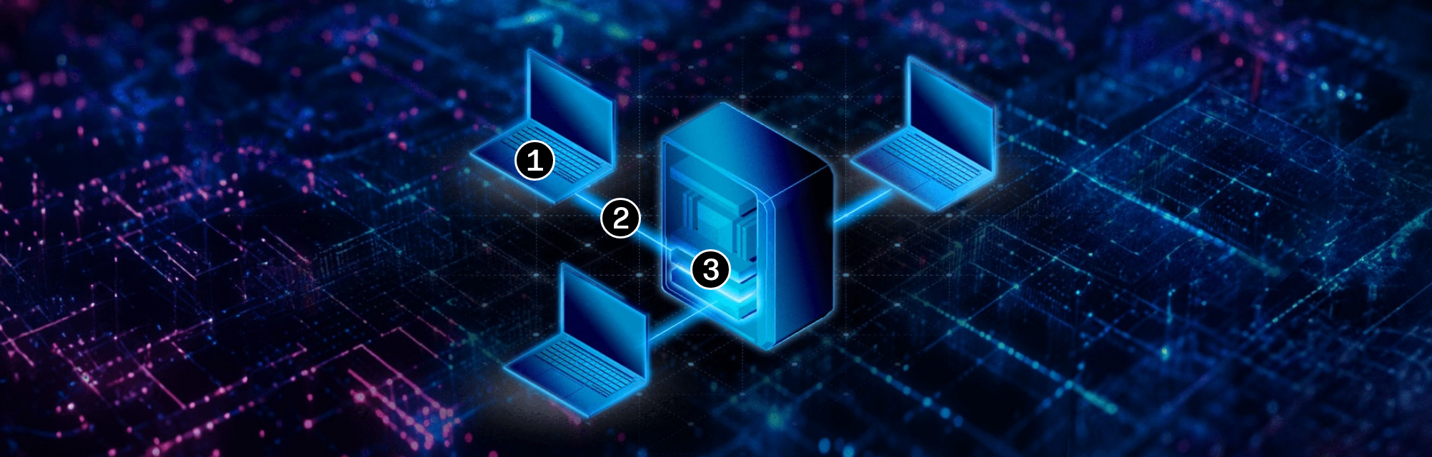 Digital illustration of a network server surrounded by three laptops, with interconnected glowing lines on a dark grid background.