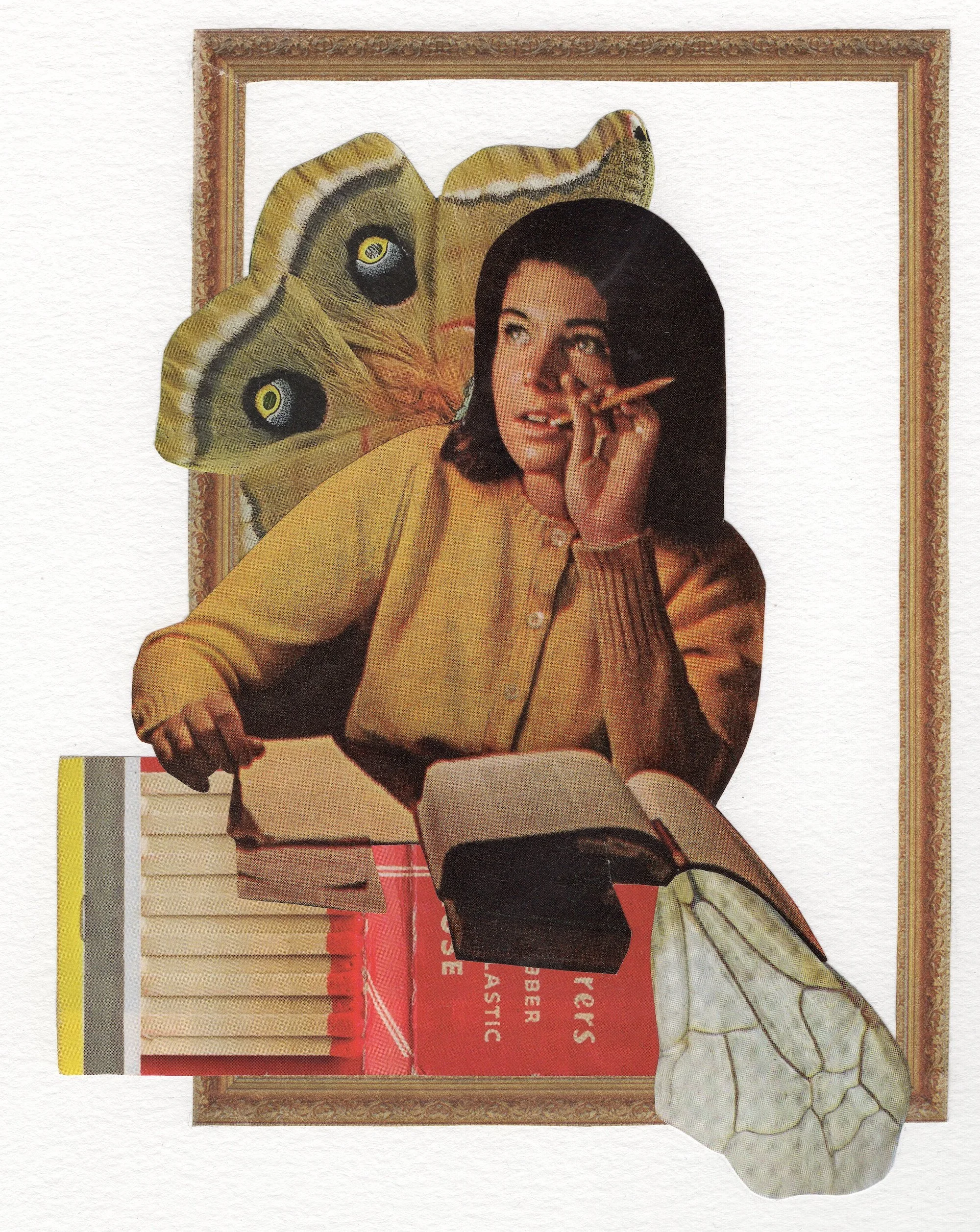 Mixed media collage featuring a woman with dark hair and light skin, butterflies, and framed artwork in the background.