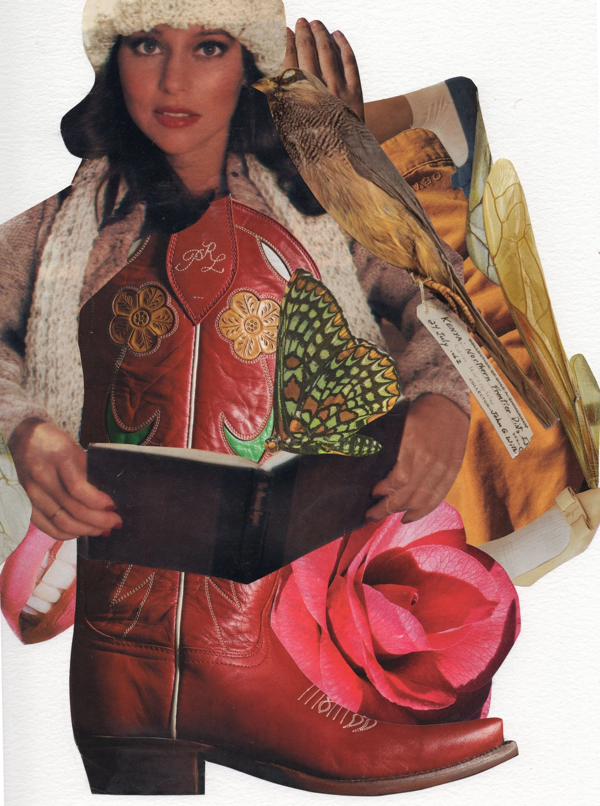 Collage featuring a woman in winter clothing, various animals including a hawk, butterfly, and bird, and objects like a red leather boot, pink roses, and a partially visible book with handwritten notes.