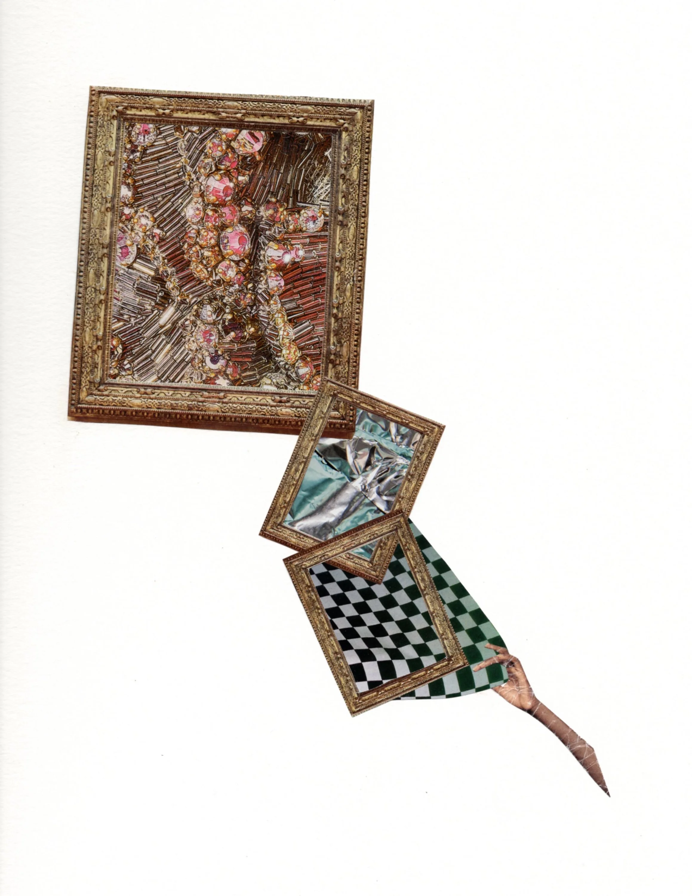 Mixed media artwork featuring framed images and patterns arranged on a white background, with a prominent ornate gold frame and several smaller frames with various designs, including a black-and-white checkered pattern and an abstract reflective surf