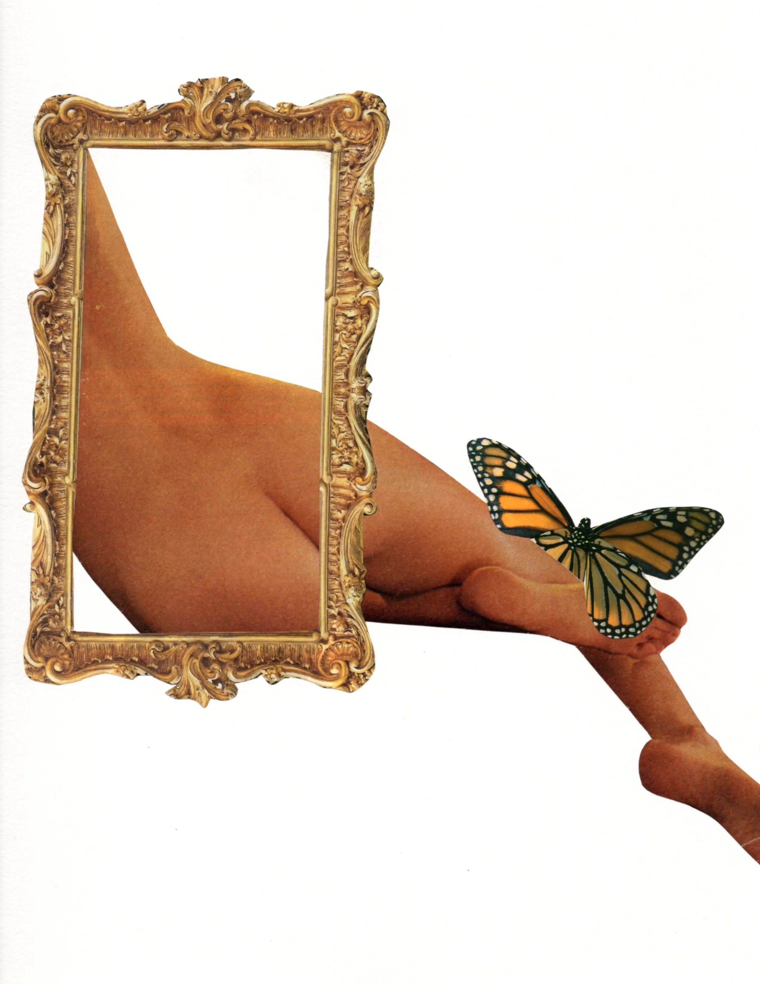 A mirror with an ornate gold frame is propped up against a human arm and leg. There is a butterfly resting on the person's arm.