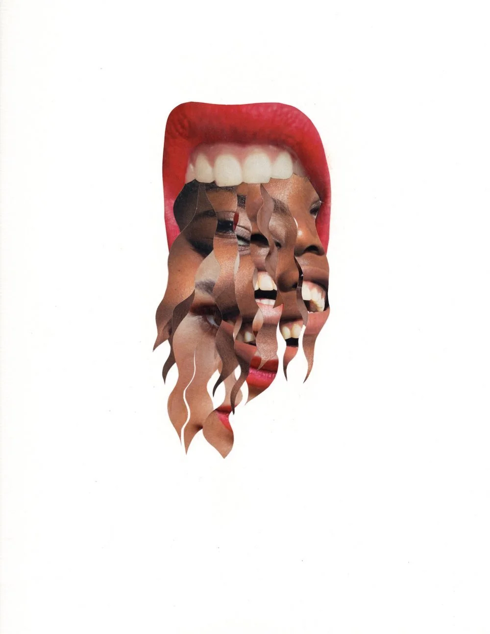 Collage of lips and faces with melting or dripping effect.