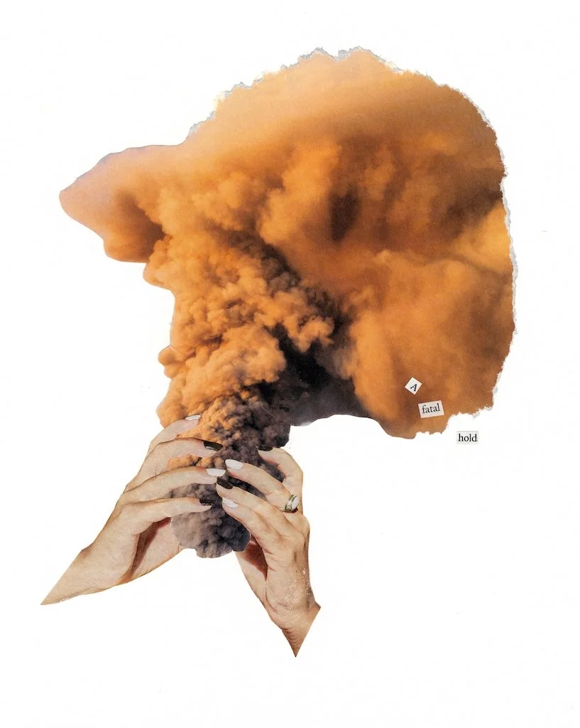 Hands holding a smoking cloud that resembles a human head with the words "A fatal hold".