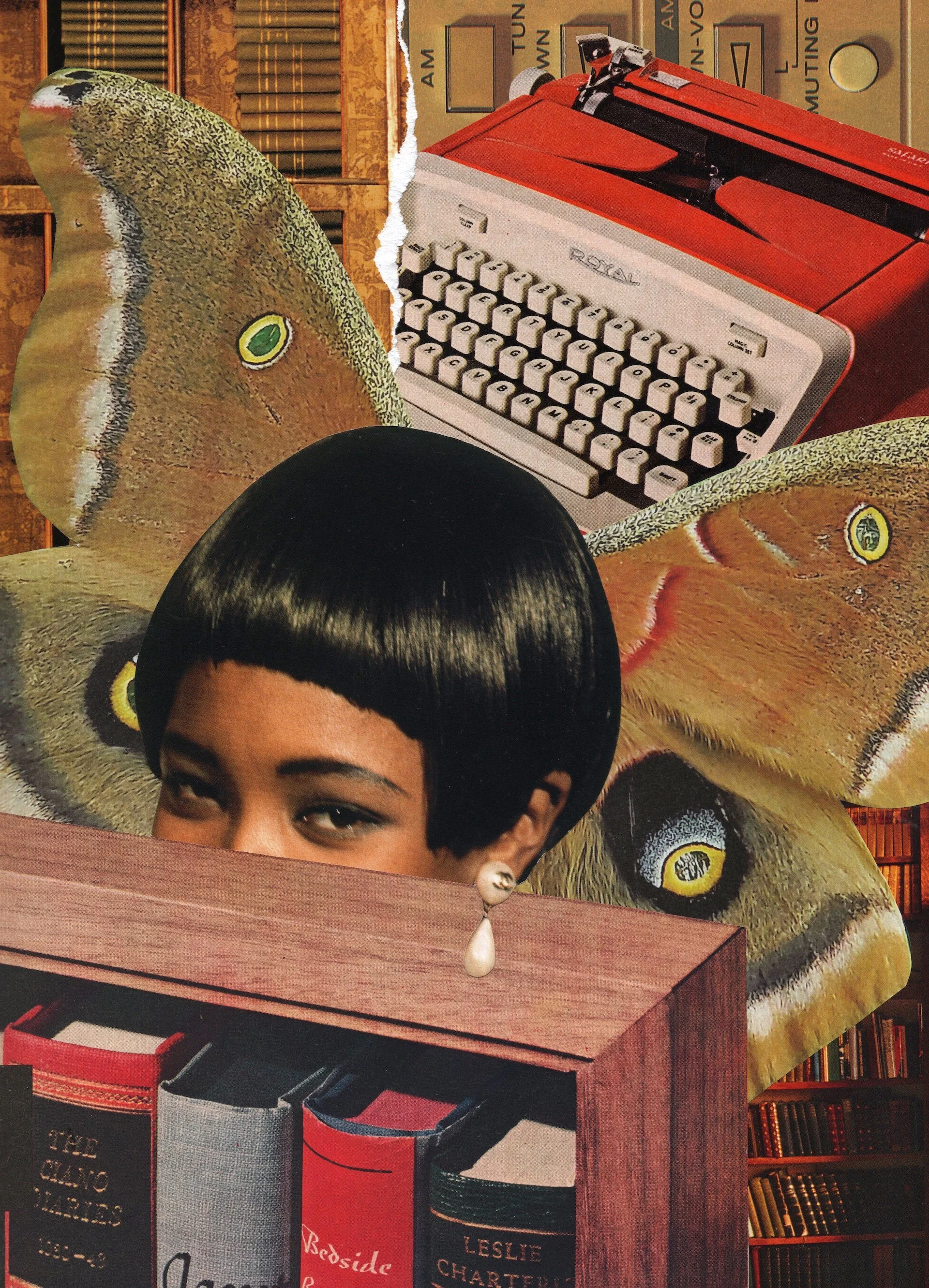 A collage featuring a woman with short black hair and earrings, large butterfly wings with eye patterns, an old-fashioned red and white typewriter, and books on a shelf.