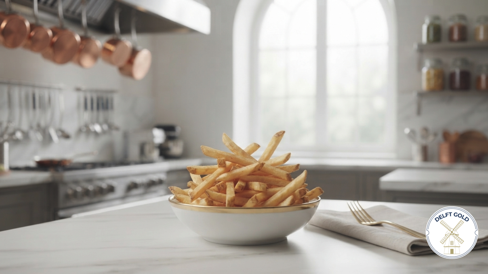 A white bowl filled with French fries on a white table, with a fork and napkin beside it, in a bright kitchen with a window in the background.