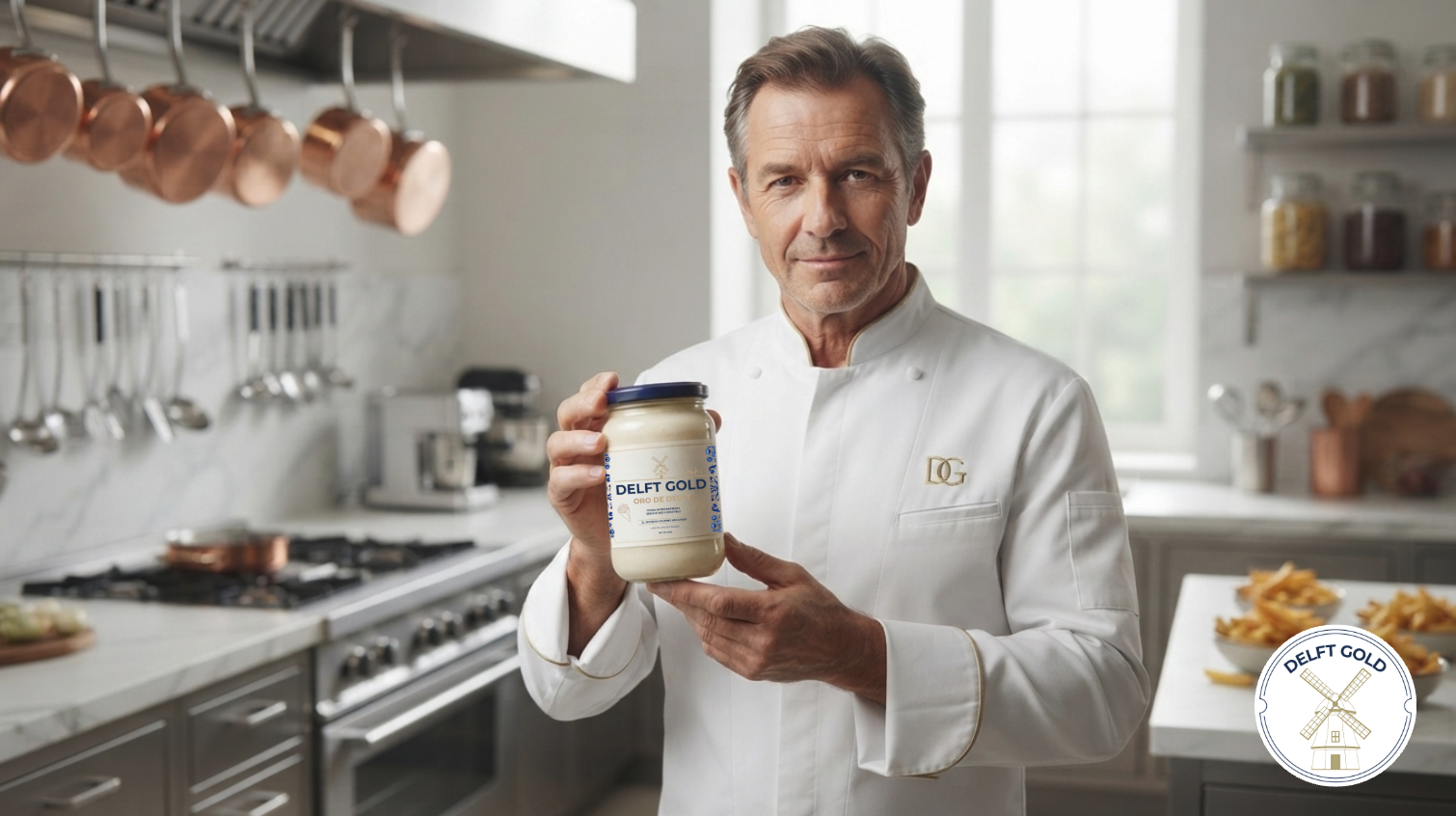 A chef in a white uniform holding a jar of Delft Gold with a kitchen in the background.