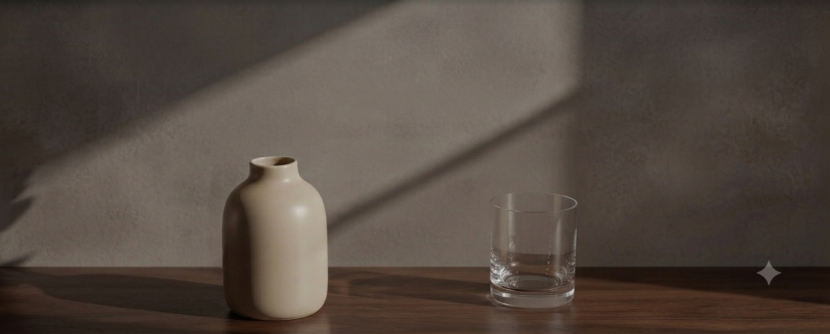 A beige ceramic vase and a clear glass tumbler on a wooden surface with shadows cast on the wall behind.