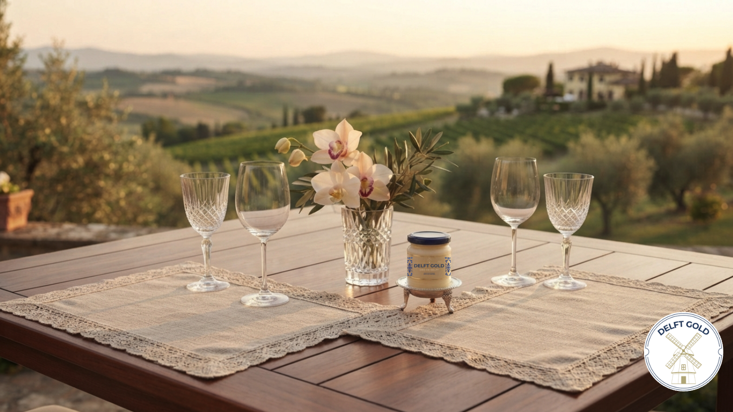 Outdoor table set with four wine glasses, a vase of orchids, and a candle, overlooking a scenic countryside with rolling hills and trees at sunset.