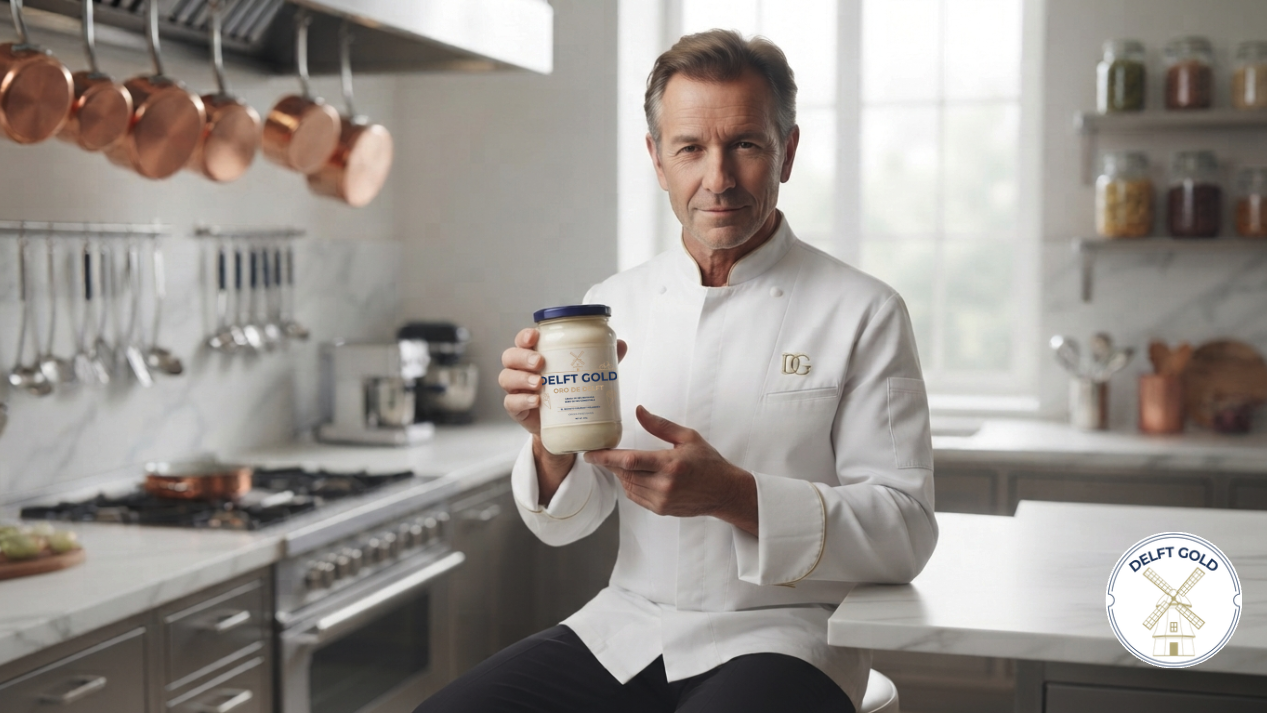 A man in a white chef's coat sitting in a modern kitchen, holding a jar labeled 'Delft Gold'.