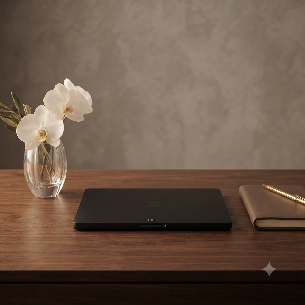 A closed black Dell laptop, a beige notebook with a gold pen on top, and a clear glass vase with white orchids, all placed on a wooden desk against a plain wall.