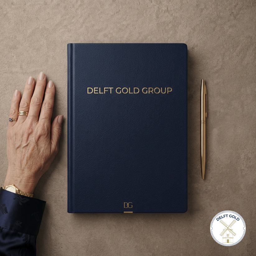 A blue notebook labeled "Delft Gold Group" with a gold pen placed to the right and a hand with rings and a gold watch on the left on a beige surface, featuring a Delft Gold logo in the bottom right corner.