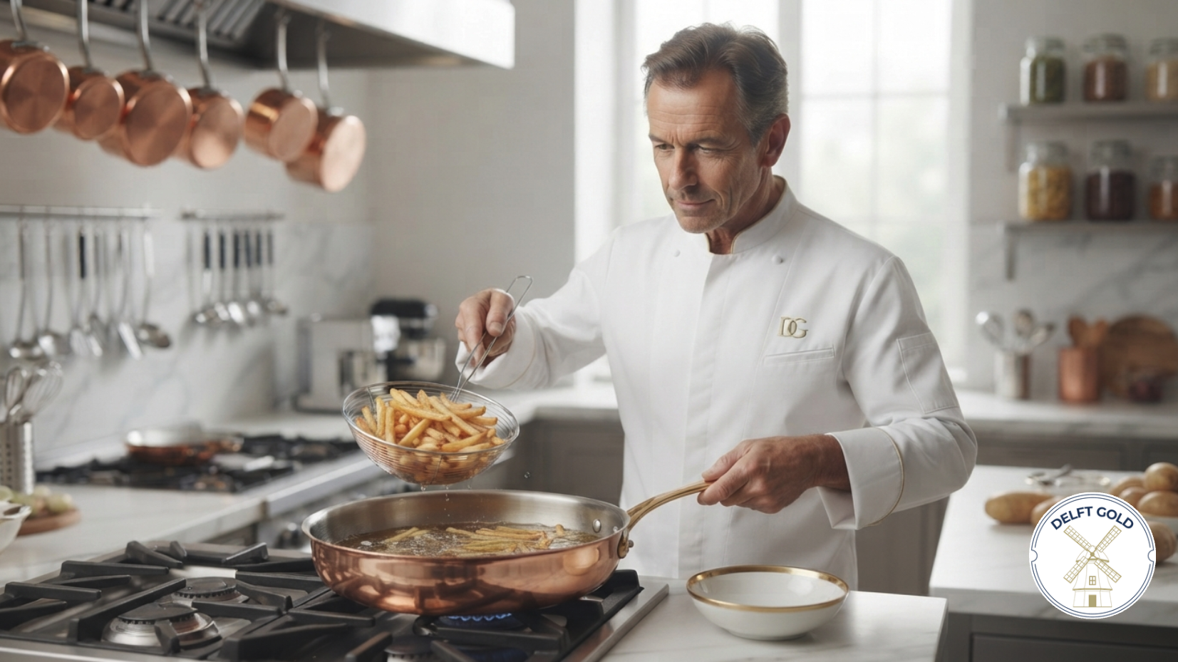 A chef in a white chef's coat frying French fries in a copper pan on a stovetop in a modern kitchen. The chef is holding a glass bowl of fries and using tongs. Copper pots hang overhead, and jars of ingredients are on shelves in the background.
