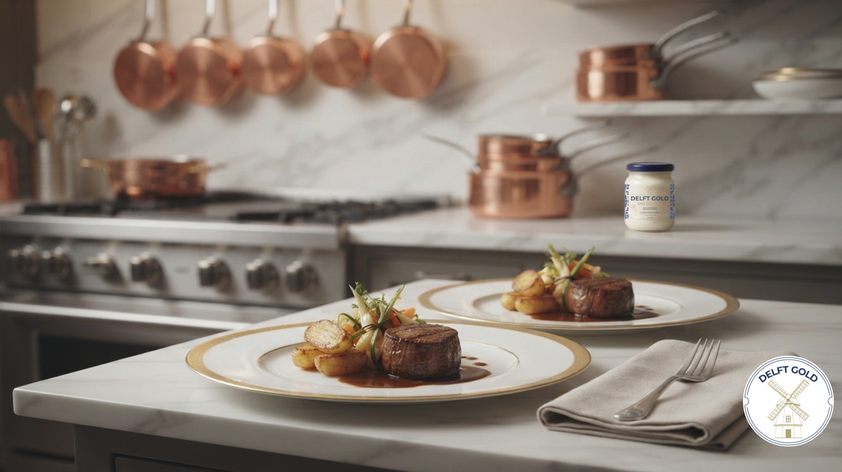 Two plates of plated steak with vegetables and potatoes on a white marble counter, with a beige napkin and fork in the foreground, in a kitchen with copper pots and a jar of Delft Gold spread in the background.