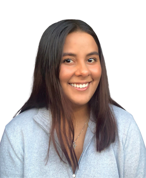 A young woman with long dark hair smiling, wearing a light gray jacket, against a plain white background.
