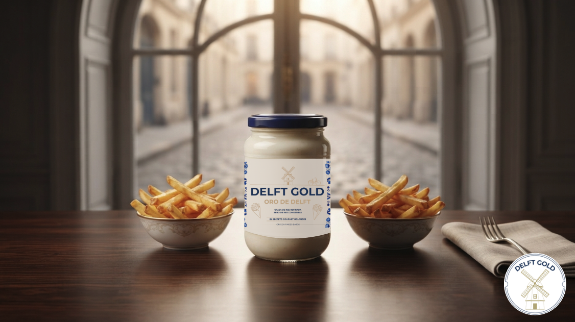 A jar of Delft Gold mayonnaise on a wooden table, flanked by two bowls of French fries, with a windowed archway in the background.